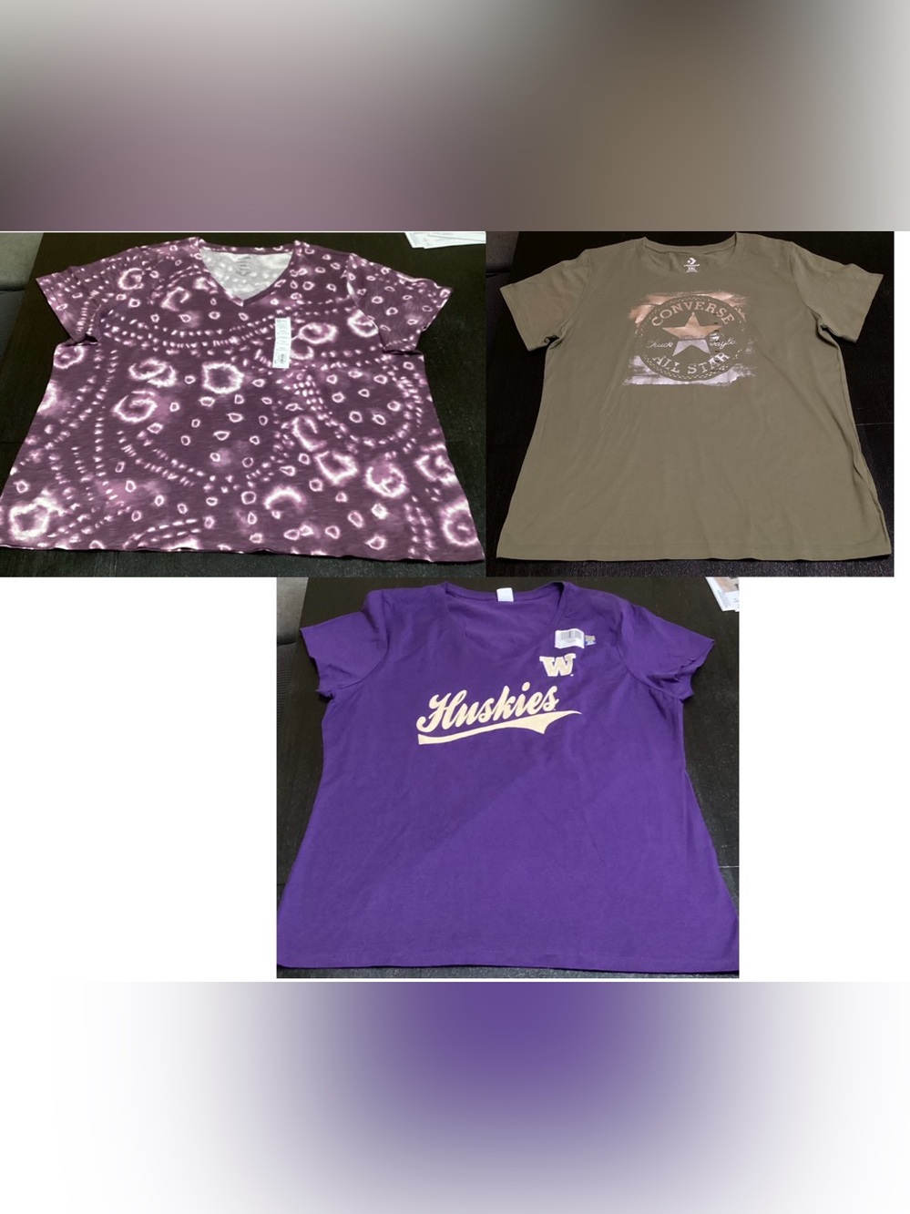 3pk Women XL/XXL Tees Purple, Green, Converse, WA Huskies Sonoma New